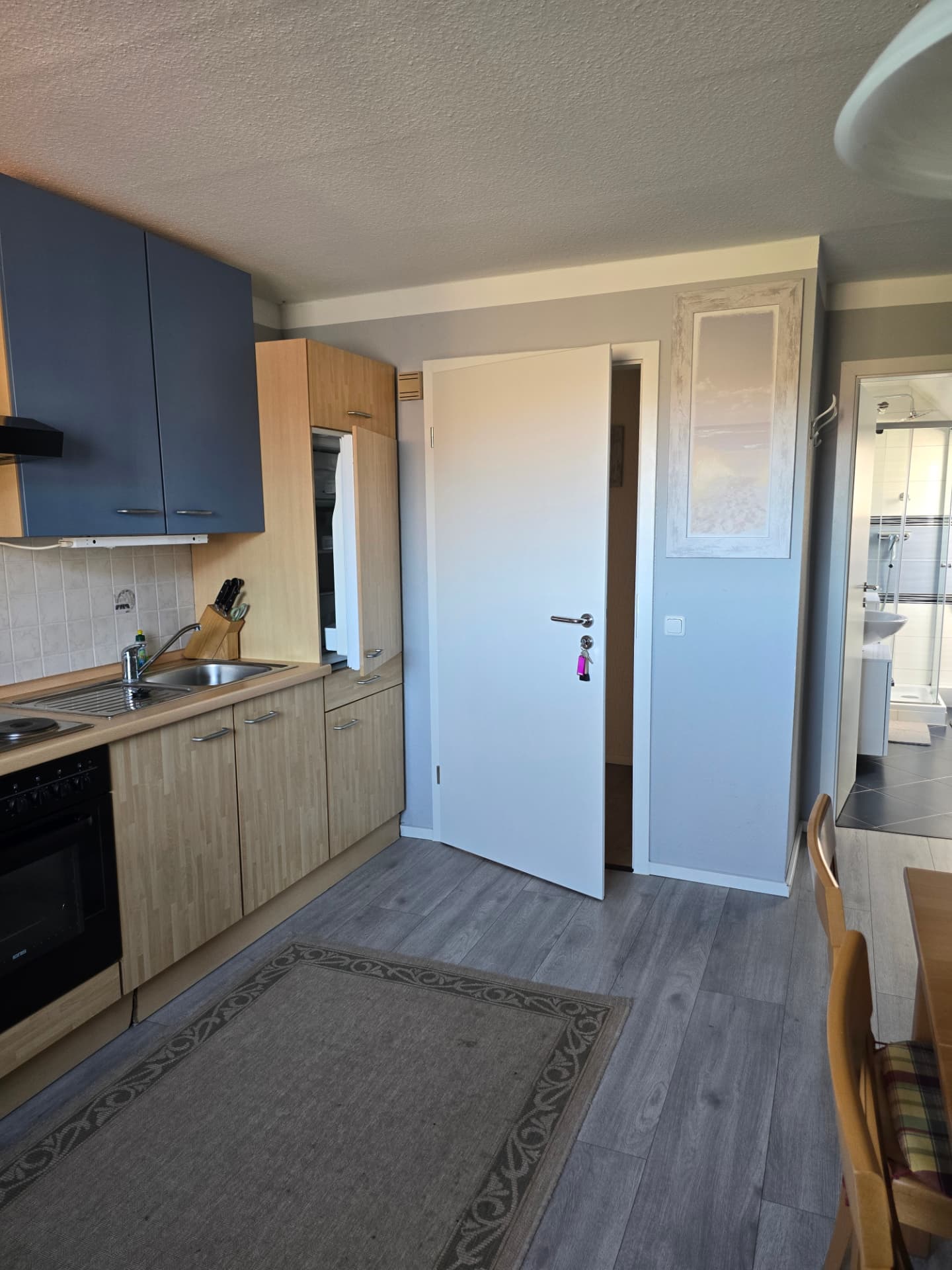 Küchenecke mit Kühlschrank, offener Tür und Blick ins Bad in der Muscheln Wohnung