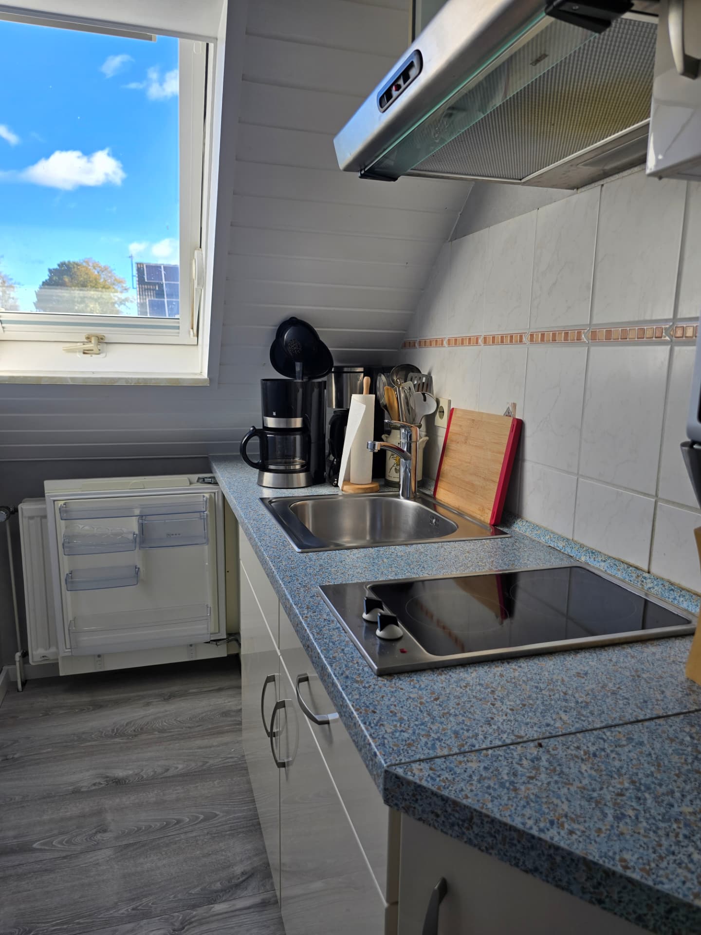 Küche mit Spüle, Ceranfeld, Kaffeemaschine und Dachfenster im See Adler