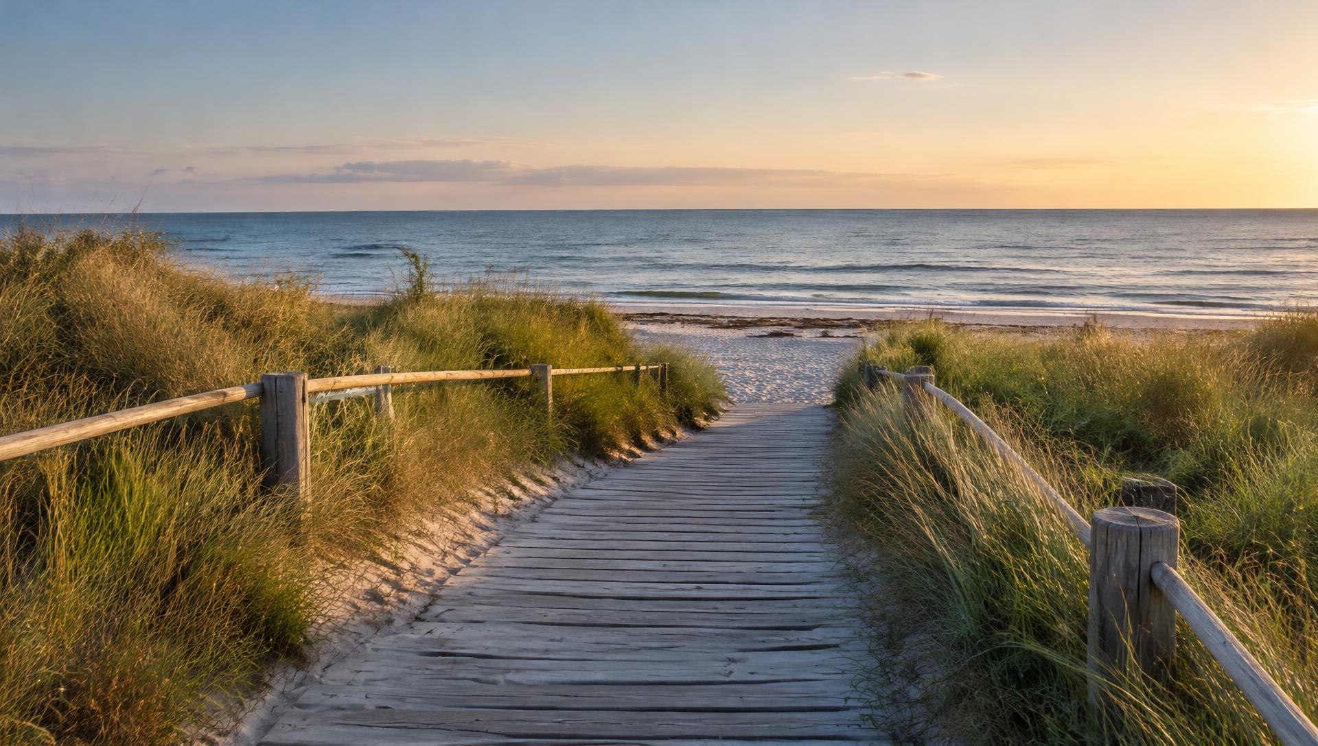 Holzsteg durch die Dünen hinunter zum Ostseestrand im Abendlicht