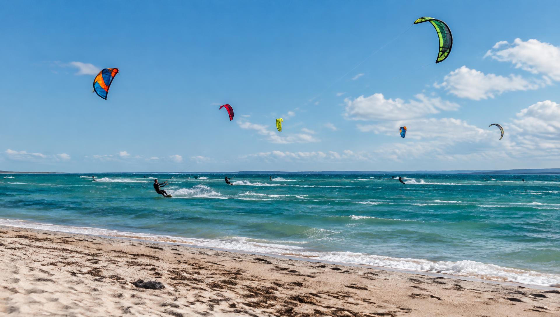 Kitesurfer mit bunten Schirmen auf der türkisfarbenen Ostsee