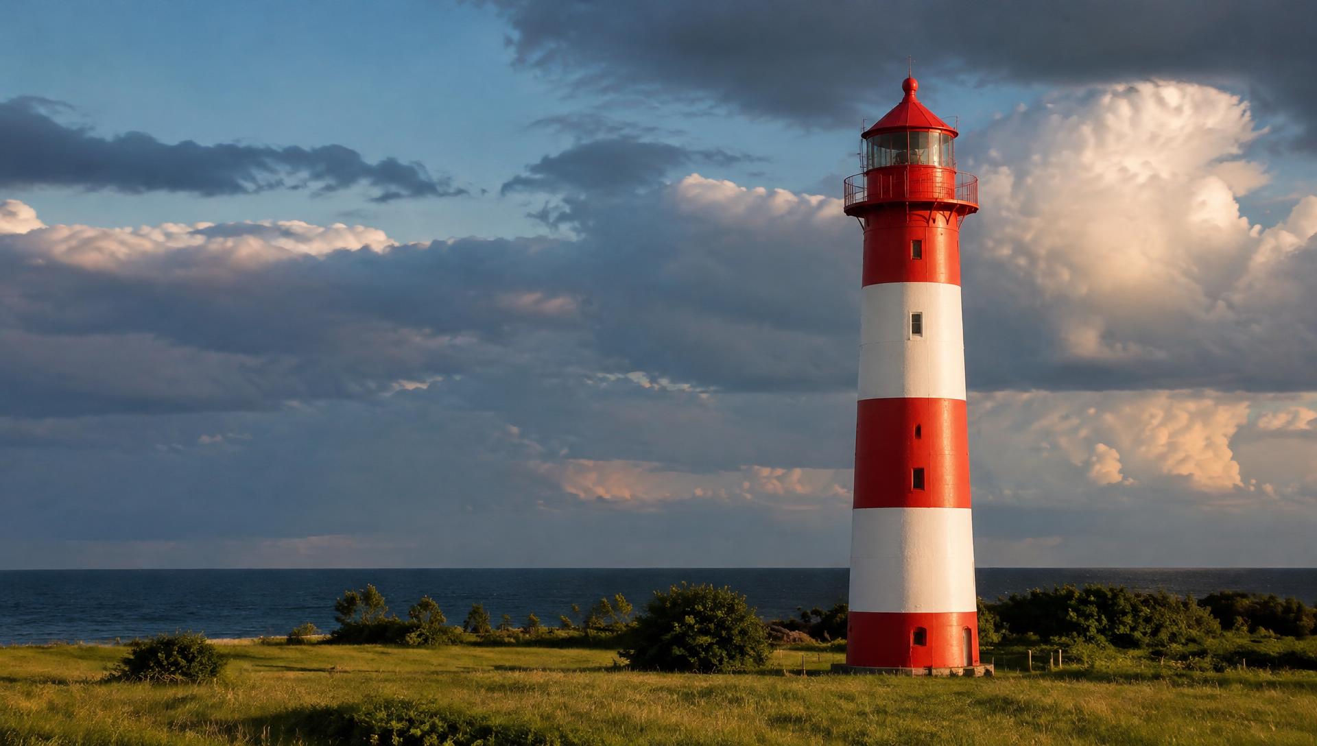 Rot-weißer Leuchtturm auf grüner Wiese an der Ostsee