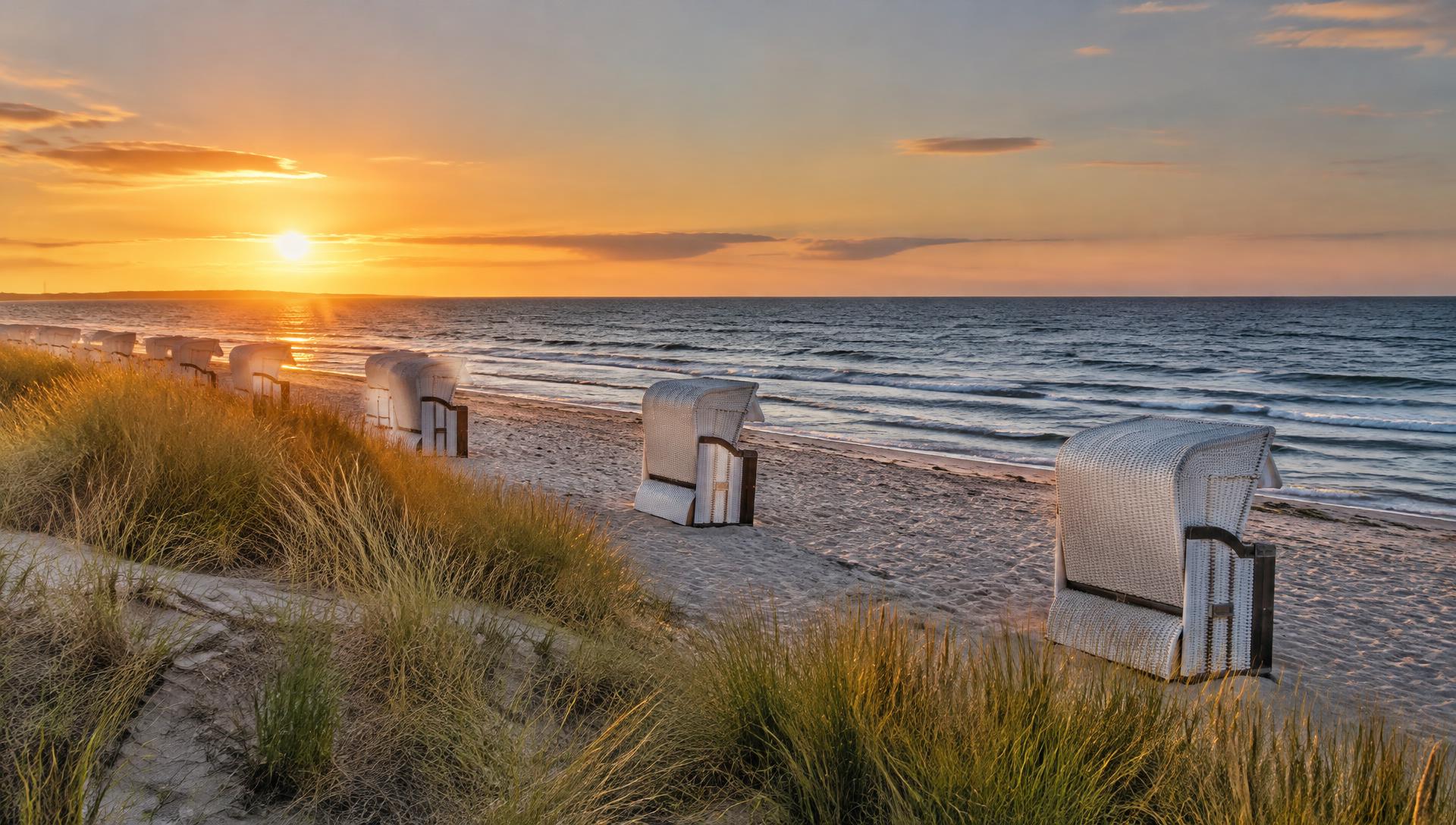 Weiße Strandkörbe am Ostseestrand bei Sonnenuntergang mit Dünengras
